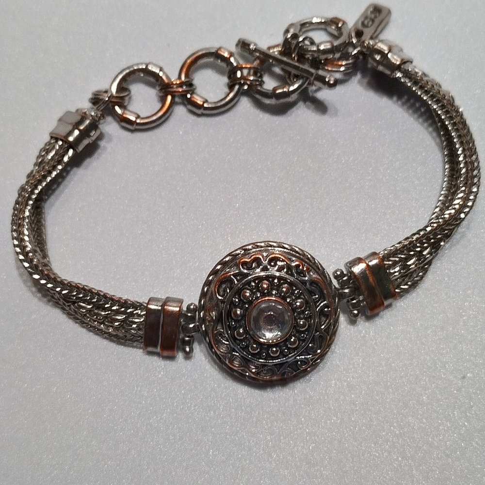 Triple Strand Italian Charm Bracelet Rhinestone Vintage 7"-9"